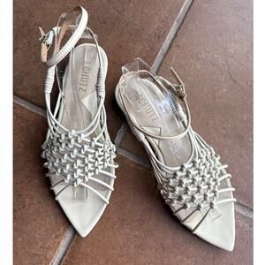 Schutz Tinah Woven Flat Sandals with Pointy Toes and Ankle Straps - Cream size 7